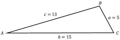 Triangle ABC with sides labeled a=5, b=15, and c=13, illustrating a triangle-solving problem.