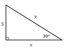 Right triangle with a 30° angle, side opposite 5 units, and sides labeled x and y to find.