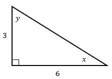 Right triangle with legs 3 and 6 units, angles labeled x and y, and one right angle indicated.