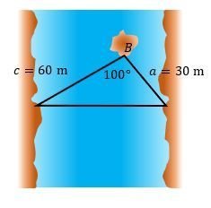 Triangle over a river with sides 30m and 60m and included angle 100°, showing distance across the river.
