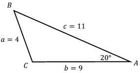 Triangle ABC with sides a=4, b=9, c=11, and angle 20° at vertex A, used to find angle CC.