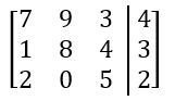 Augmented matrix with three rows and four columns showing numbers for a system of equations.