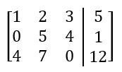 Augmented matrix with three rows representing a system of linear equations to be written out.