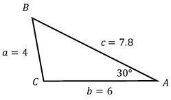 Triangle with sides labeled a=4, b=6, c=7.8, angle at A is 30°, find angle at B using Law of Sines.
