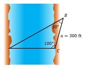 Triangle across a river with angles 30° and 100°, side a labeled 300 ft, showing distance to cross.