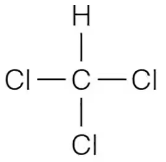 Structural formula of a carbon atom bonded to four chlorine atoms and one hydrogen atom, illustrating molecular polarity.