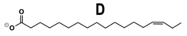 Structure D of a fatty acid with a double bond, labeled D, for omega-3 identification.