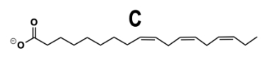 Structure C of a fatty acid with a double bond, labeled C, for omega-3 identification.