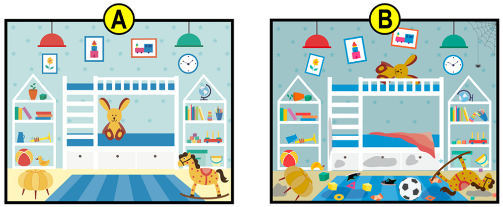 Two side-by-side children's rooms, one tidy with toys organized, the other messy with scattered toys and a cobweb.