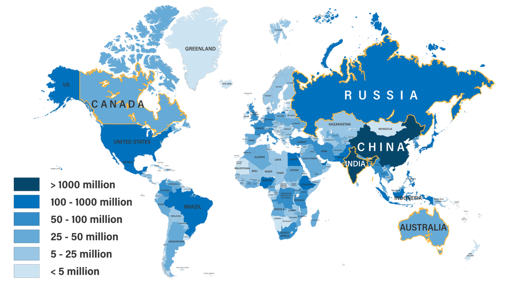 World map showing human population density, highlighting Canada, Russia, Australia, and India.