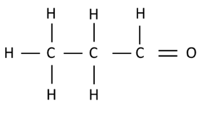 Lewis structure of a molecule showing three carbon atoms bonded with hydrogen and a double bond to oxygen.