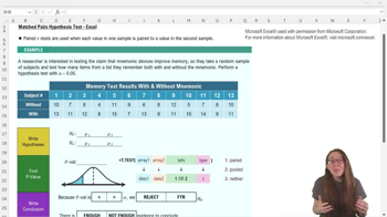 Matched Pairs Hypothesis Test - Excel
