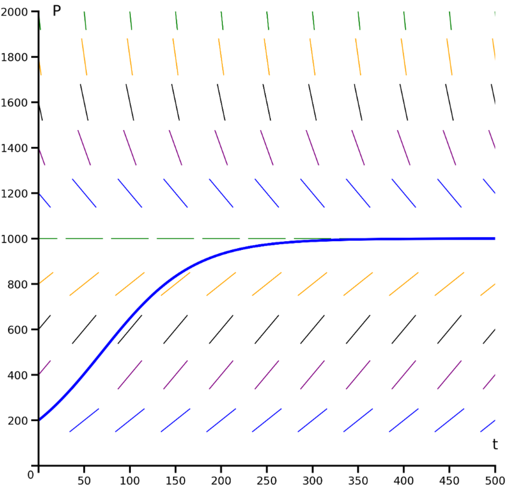 Direction field with colored slope lines and a blue solution curve starting at 200, approaching 1000 as time increases.