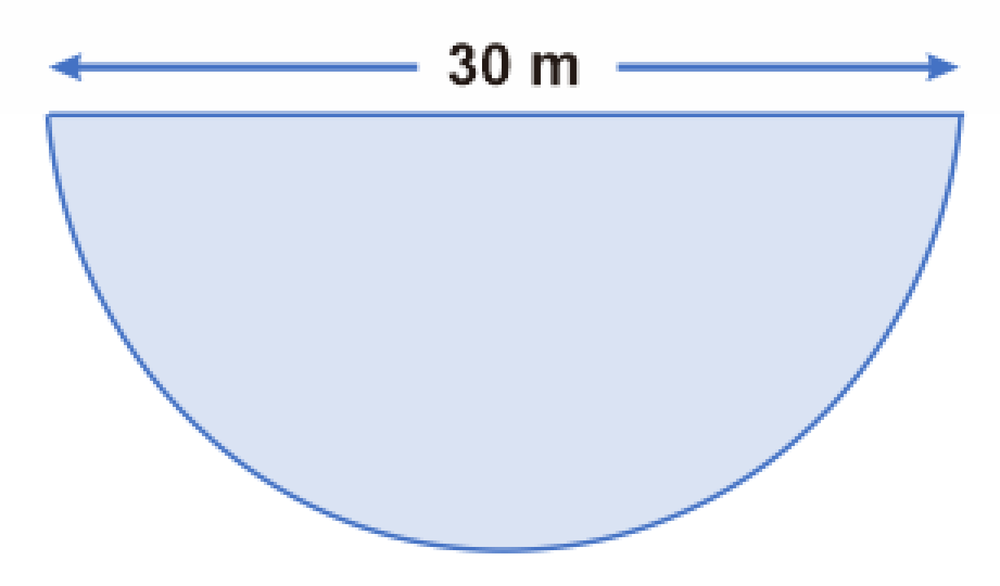 Semicircular dam face with a 30-meter diameter, water level at the top, illustrating hydrostatic force calculation.
