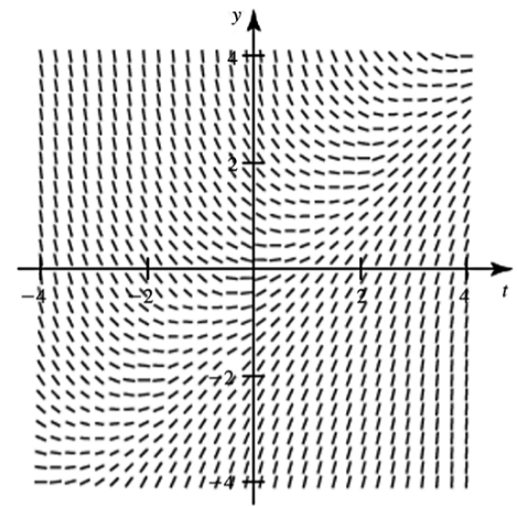 Direction field plot showing slope vectors for y′(t) = t minus y over t and y from -4 to 4.