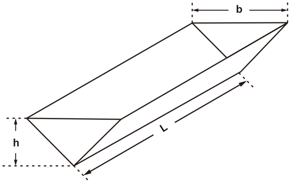 Diagram of a triangular cross-section trench with base b, height h, and length L, showing dimensions for work calculation.