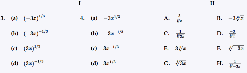 Matching exercise with rational exponent expressions in Column I and equivalent radical expressions in Column II.