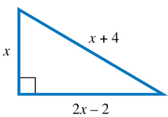 Right triangle with legs labeled x and x+4, and hypotenuse labeled 2x-2, showing a right angle.