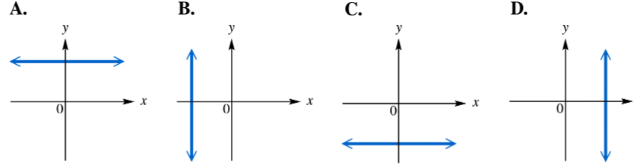Four coordinate plane sketches labeled A to D, each showing a blue horizontal or vertical line on the x-y axes.