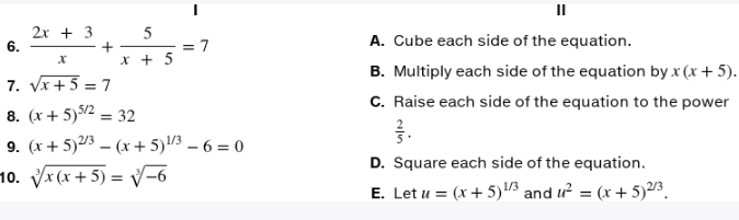 Math exercise matching equations with their correct first solving steps, including roots, powers, and algebraic expressions.