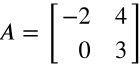 Matrix A displayed as a 2x2 matrix with elements: -2, 4 in the first row; 0, 3 in the second row.