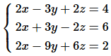 Image showing a system of three linear equations with variables x, y, and z arranged in matrix form.