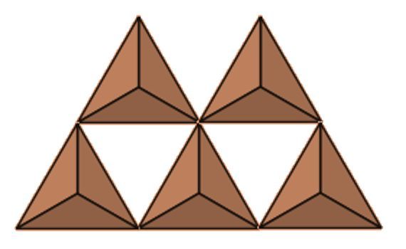 Illustration of five tetrahedra arranged in a triangular formation.