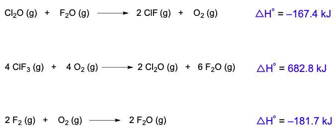 Three chemical reactions with their enthalpy changes, relevant to Hess's Law.