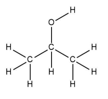 Structural formula of isopropanol showing carbon, hydrogen, and oxygen atoms with bonds between them.