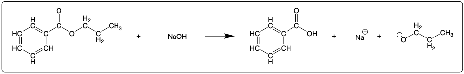 Condensed structural formula of propyl benzoate for saponification reaction.