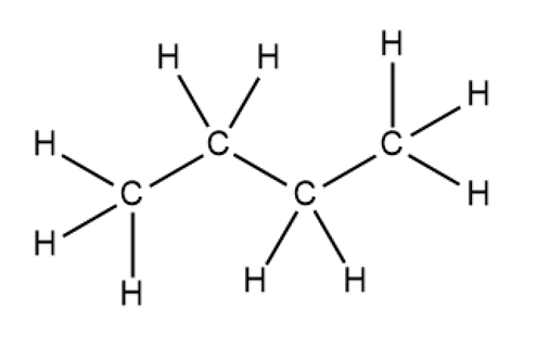 Structural formula showing a chain of four carbon atoms with attached hydrogen atoms in a hydrocarbon molecule.