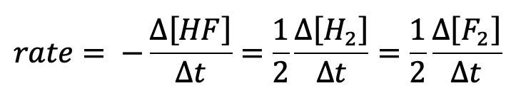 Rate expression for the reaction 2 HF → H2 + F2 showing the relationship of reactants and products.