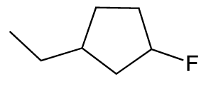 Structural diagram of a cyclopentane ring with ethyl and fluorine substituents attached.