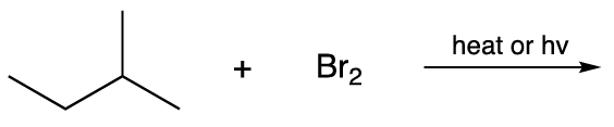 Structural formula of an alkane reacting with bromine under heat or light to form monosubstituted alkane product.