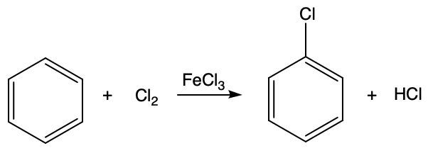 Chemical reaction showing benzene reacting with chlorine in the presence of FeCl3 to form chlorobenzene and HCl.