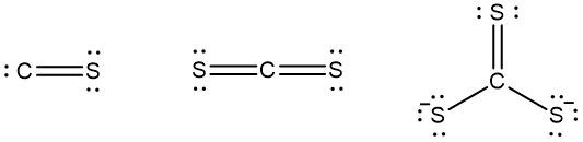 Lewis structures for CS, CS2, and CS32- with carbon-sulfur bonds illustrated.