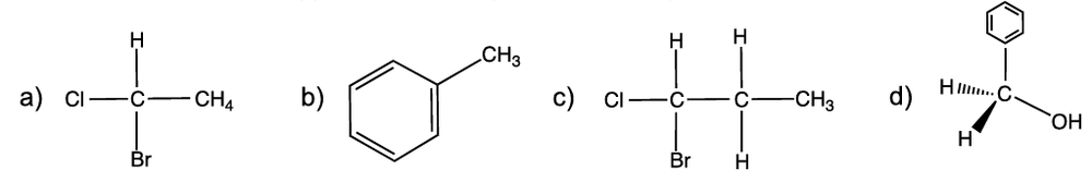 Four molecular structures labeled a to d, showing different carbon compounds with various attached groups for optical activity analysis.