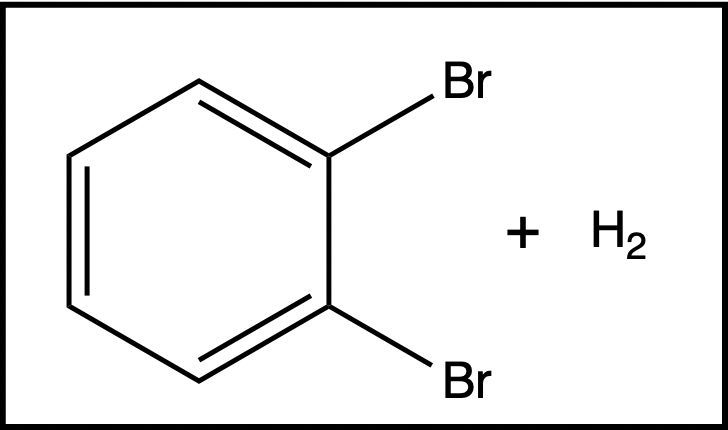 Benzene with two Br substituents reacts with H2 in a substitution reaction.