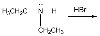 Chemical reaction showing diethylamine reacting with hydrobromic acid to form an ammonium ion.