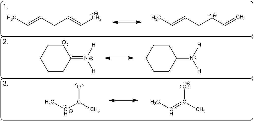 Three resonance structures illustrating electron movement in various chemical compounds.