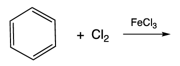 Benzene reacts with chlorine in the presence of FeCl3 catalyst in a halogenation reaction.