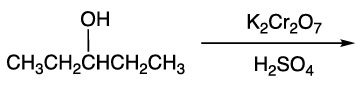 Structural formula of a pentanol molecule undergoing oxidation with potassium dichromate and sulfuric acid reagents.