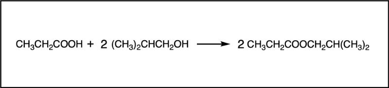 Balanced equation for esterification forming isobutyl propionate.