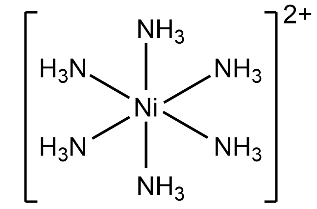 Lewis structure of [Ni(NH3)6]2+ showing nickel at the center with six NH3 ligands.