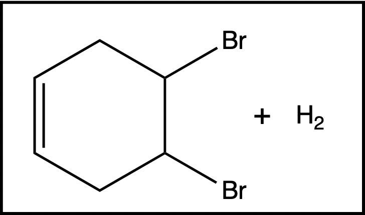 Benzene with two Br substituents reacts with H2 in a substitution reaction.