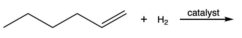 Hydrogenation reaction showing reactants and catalyst leading to product formation.