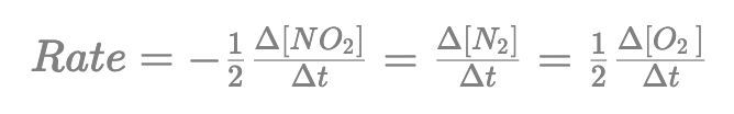 Rate of reaction formula displaying concentration changes for NO2, N2, and O2.