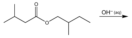 Chemical structure of an ester reacting with aqueous hydroxide ion, prompting identification of the resulting alcohol.