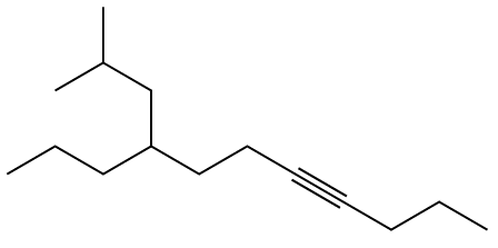Structural formula of an organic molecule featuring a six-carbon chain with a triple bond and branched alkyl groups.