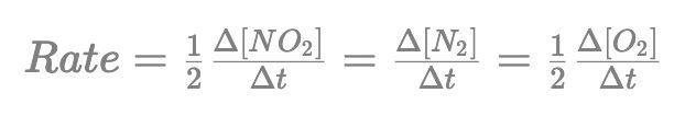 Rate of reaction formula indicating concentration changes for NO2, N2, and O2.